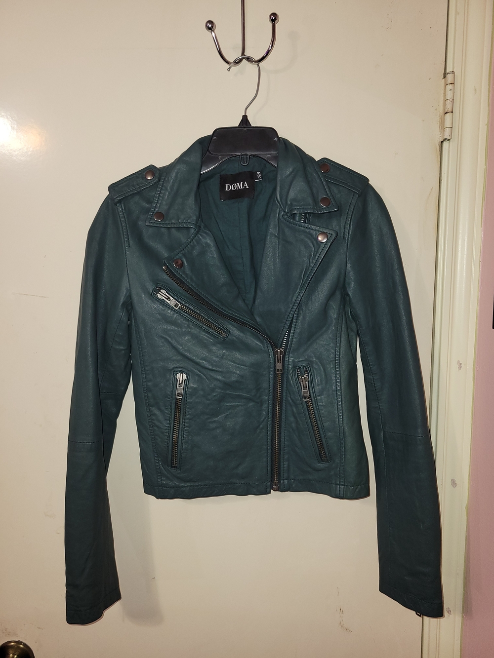 Doma Green Asymmetric Leather Moto Jacket - Women's